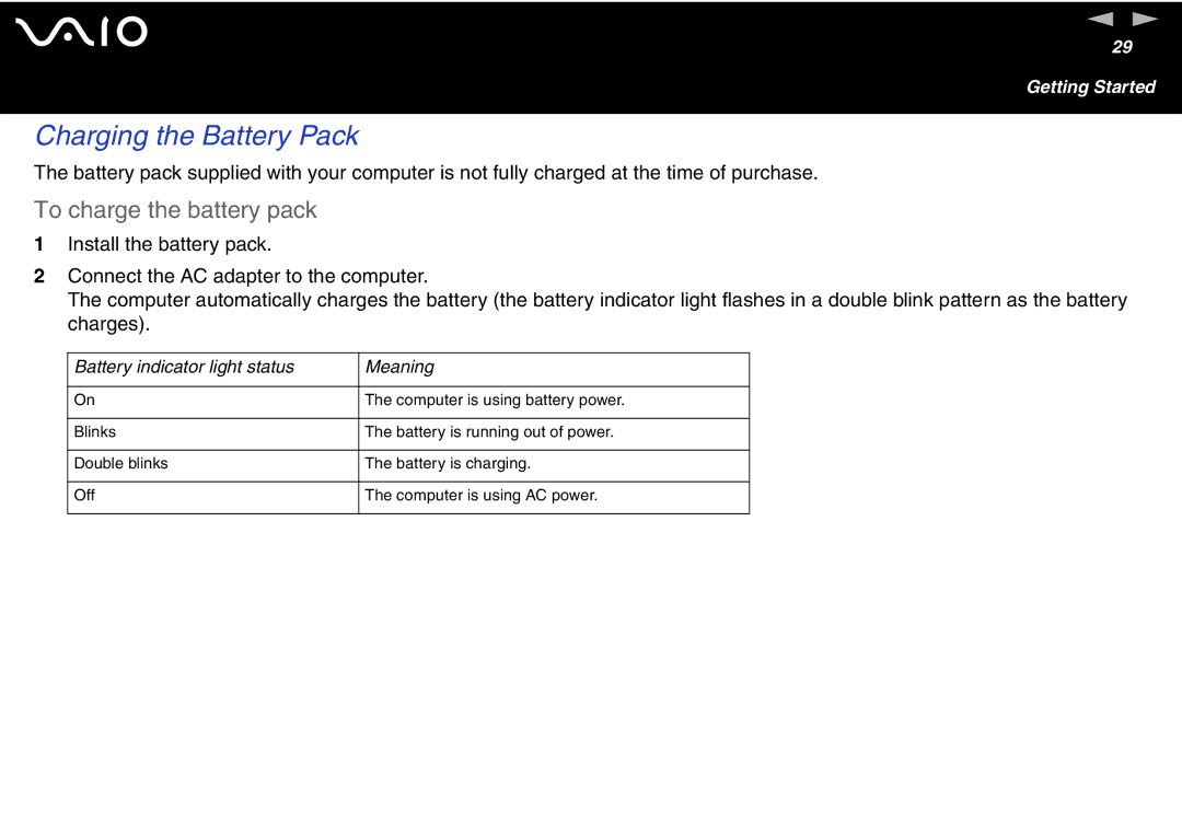 Sony VGN-FS600 Series, VGN-FS700 Series manual Charging the Battery Pack, To charge the battery pack 