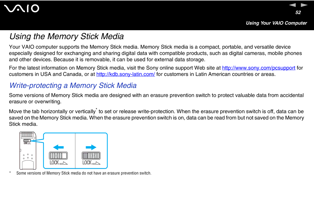 Sony VGN-FS700 Series, VGN-FS600 Series manual Using the Memory Stick Media, Write-protecting a Memory Stick Media 