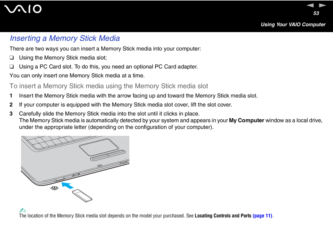 Sony VGN-FS600 Series, VGN-FS700 Series manual Inserting a Memory Stick Media 