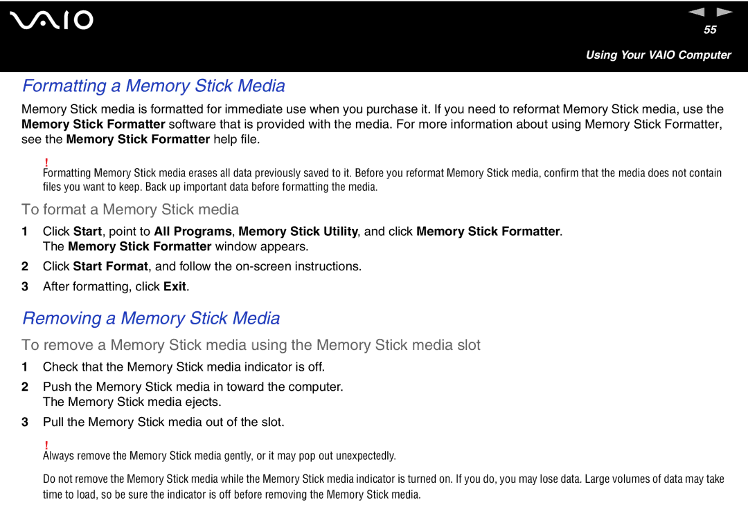 Sony VGN-FS600 Series manual Formatting a Memory Stick Media, Removing a Memory Stick Media, To format a Memory Stick media 