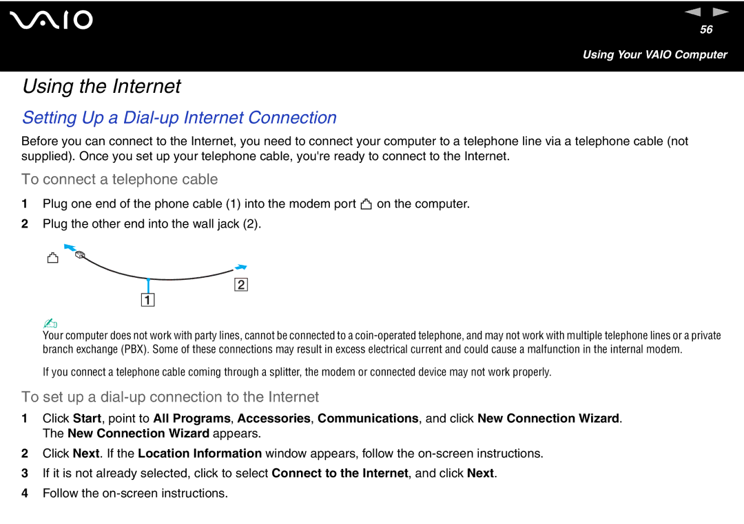 Sony VGN-FS700 Series manual Using the Internet, Setting Up a Dial-up Internet Connection, To connect a telephone cable 