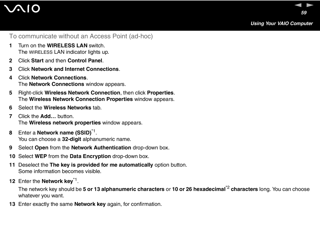 Sony VGN-FS600 Series, VGN-FS700 Series manual To communicate without an Access Point ad-hoc 