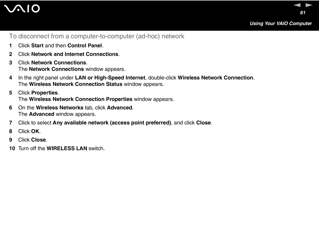 Sony VGN-FS600 Series, VGN-FS700 Series manual To disconnect from a computer-to-computer ad-hoc network 