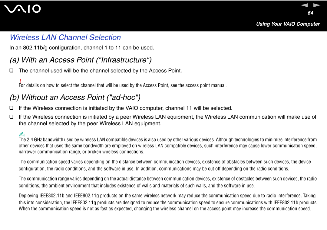 Sony VGN-FS700 Series, VGN-FS600 Series manual Wireless LAN Channel Selection, With an Access Point Infrastructure 