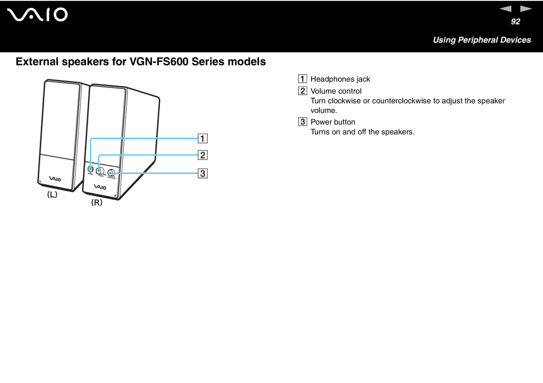 Sony VGN-FS700 Series manual External speakers for VGN-FS600 Series models 