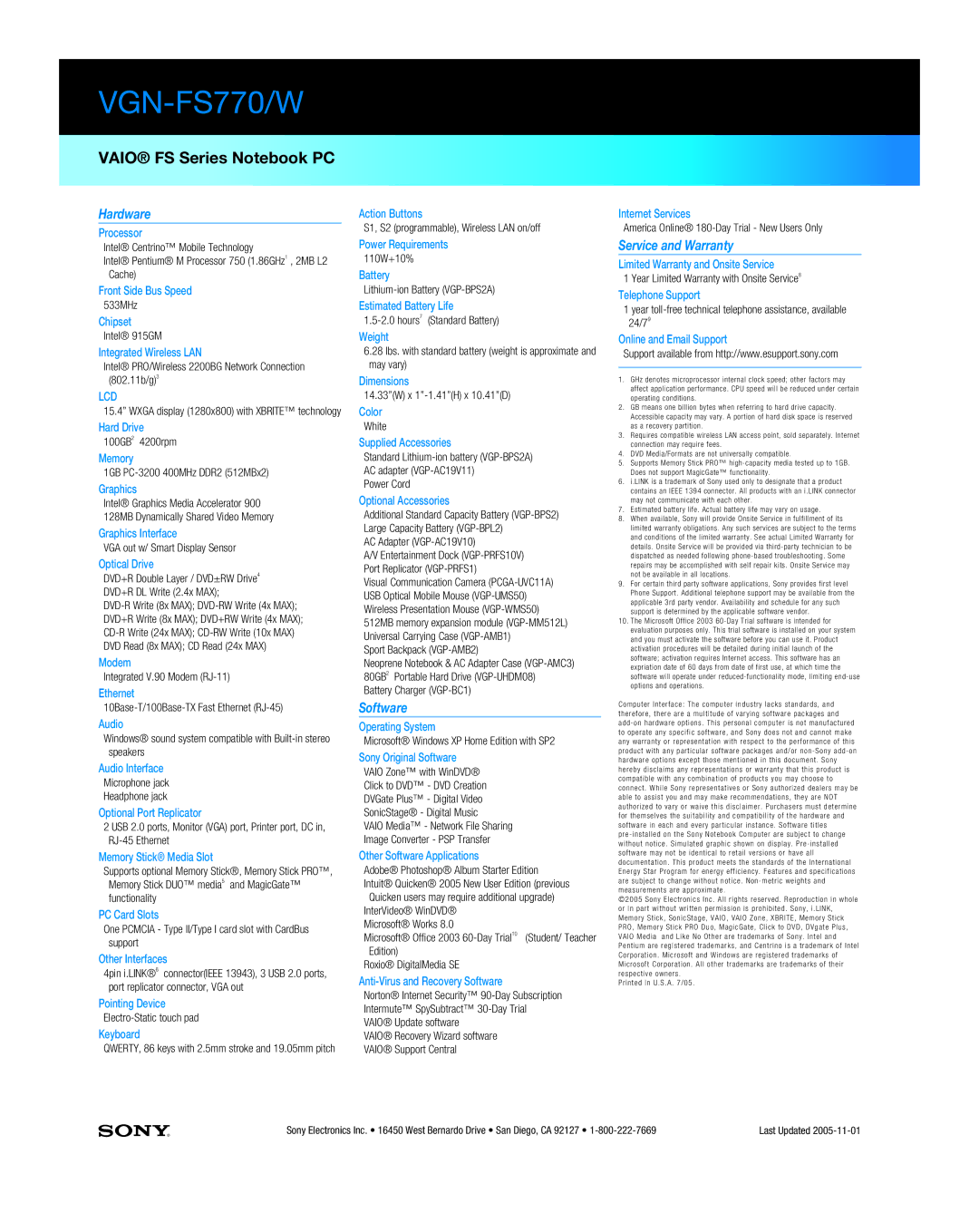 Sony VGN-FS770/W manual Hardware, Software, Service and Warranty 