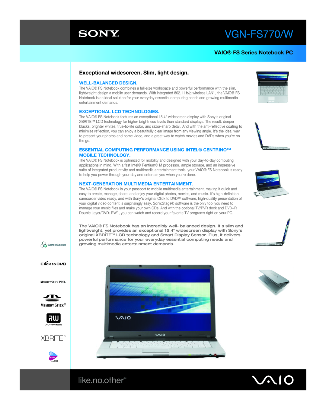 Sony VGN-FS770/W manual VAIO FS Series Notebook PC Exceptional widescreen. Slim, light design, Well-Balanced Design 