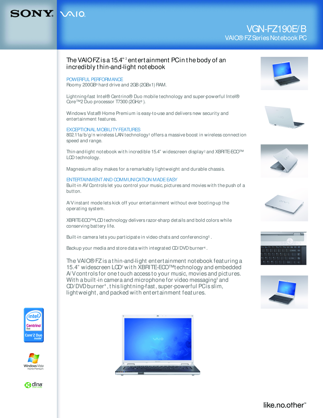Sony VGN-FZ190E/B manual VAIOFZ Series Notebook PC 