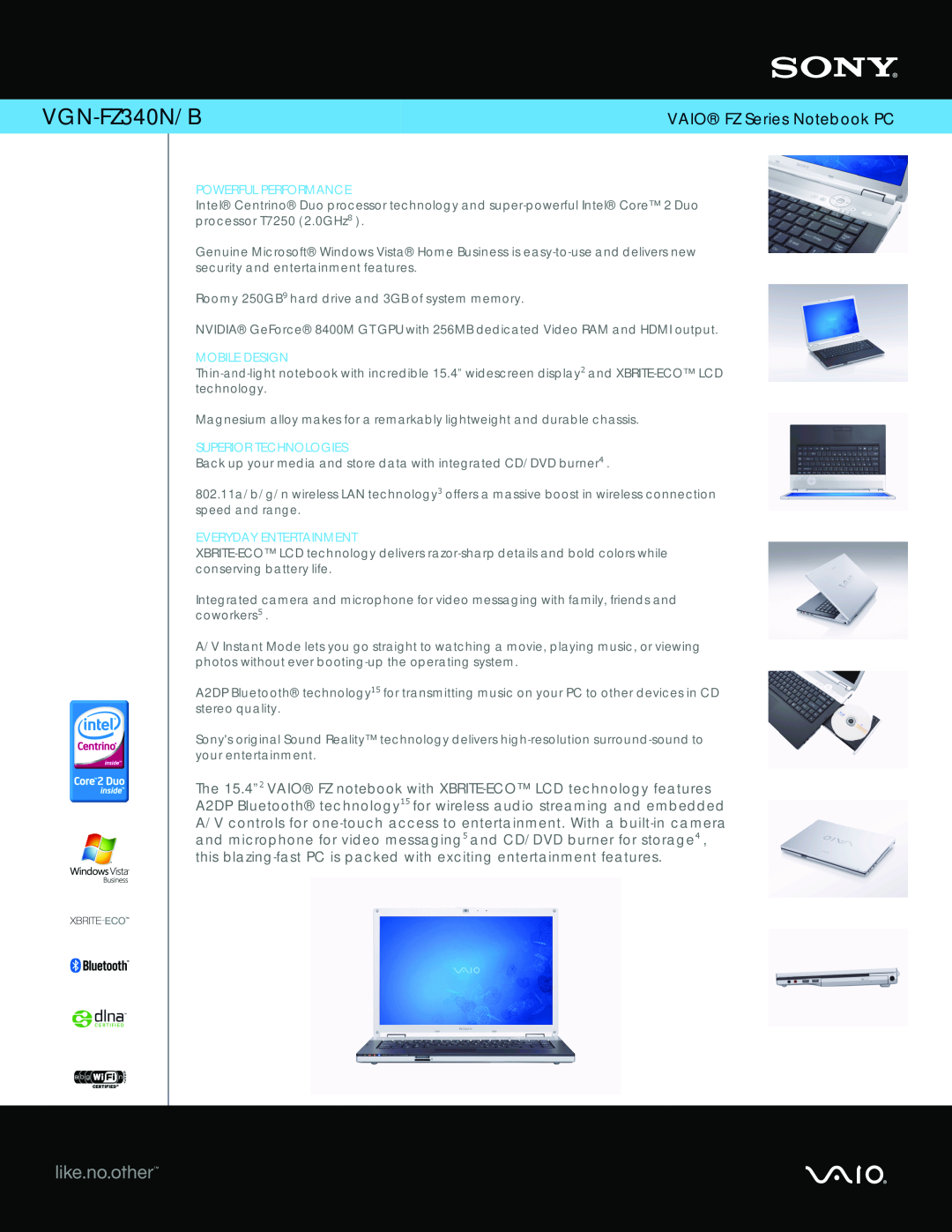 Sony VGN-FZ340B manual VGN-FZ340N/B, VAIO FZ Series Notebook PC, Powerful Performance, Mobile Design 