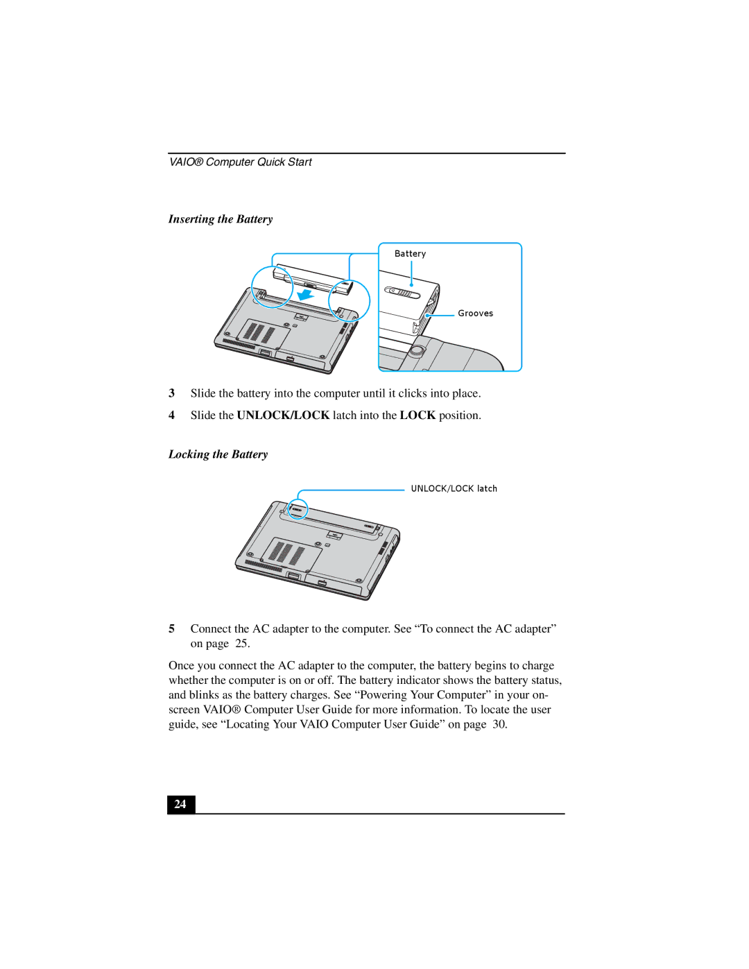 Sony VGN-S100 quick start Inserting the Battery, Locking the Battery 