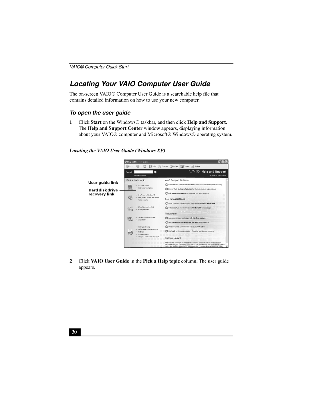 Sony VGN-S100 Locating Your Vaio Computer User Guide, To open the user guide, Locating the Vaio User Guide Windows XP 