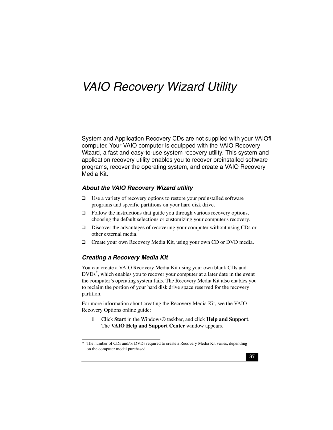 Sony VGN-S100 quick start About the Vaio Recovery Wizard utility, Creating a Recovery Media Kit 