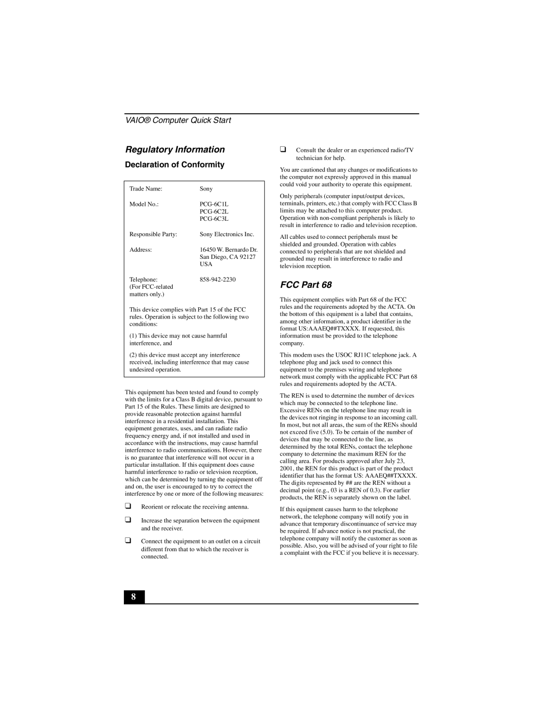 Sony VGN-S100 quick start Regulatory Information 