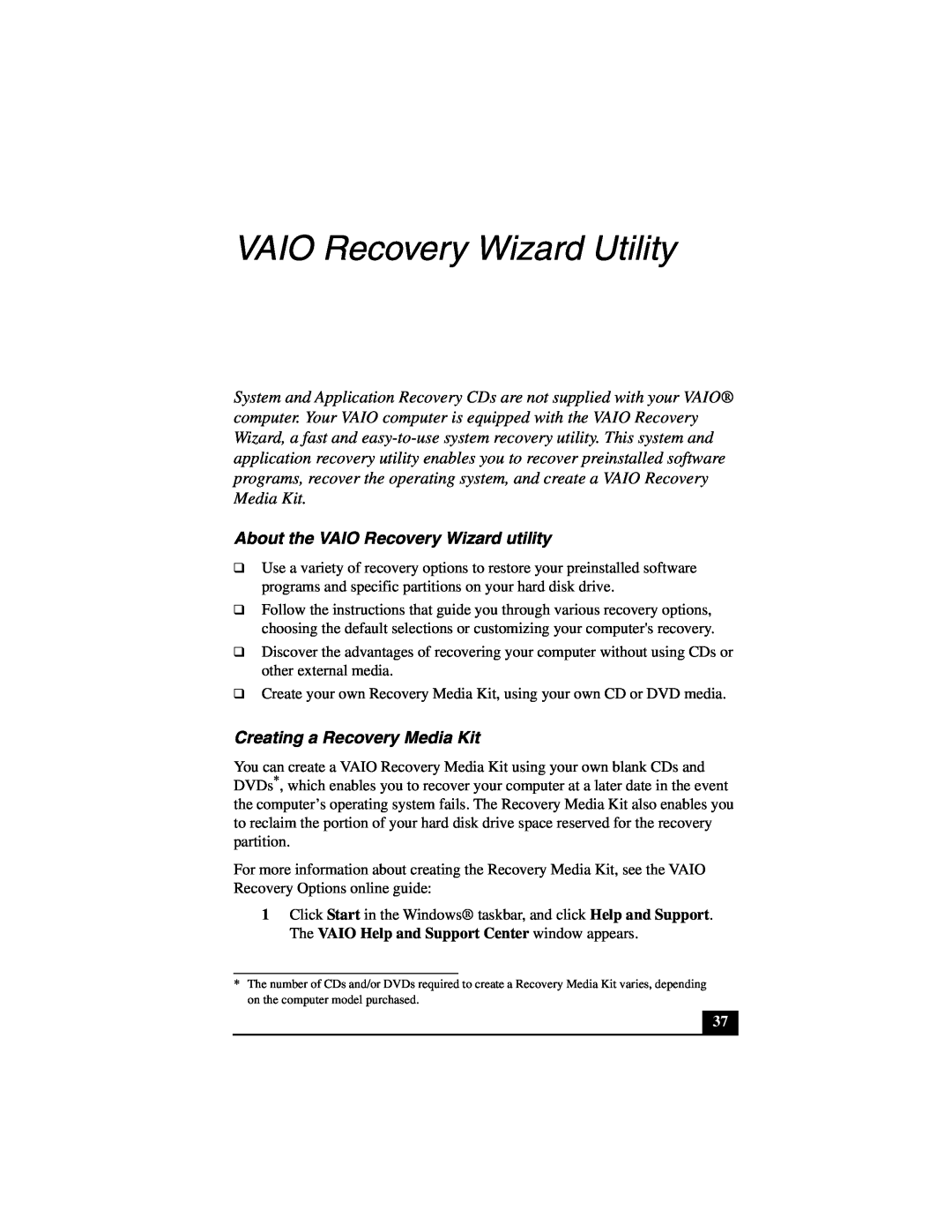 Sony VGN-S100 VAIO Recovery Wizard Utility, About the VAIO Recovery Wizard utility, Creating a Recovery Media Kit 