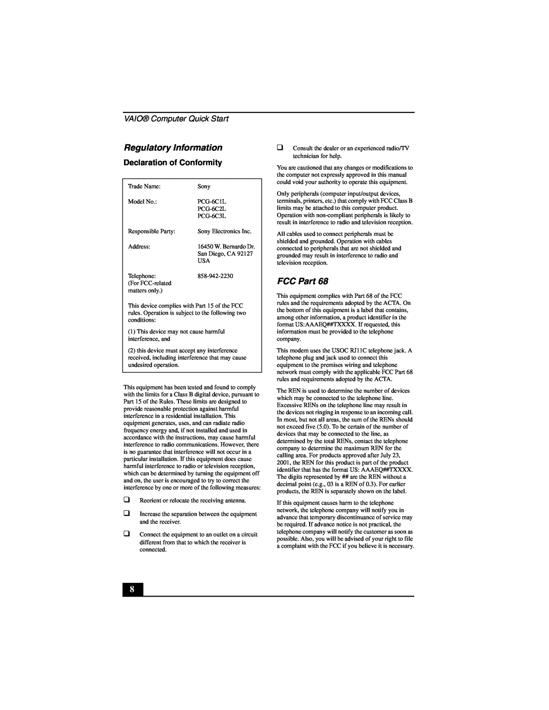 Sony VGN-S100 quick start Regulatory Information, FCC Part, VAIO Computer Quick Start, Declaration of Conformity 