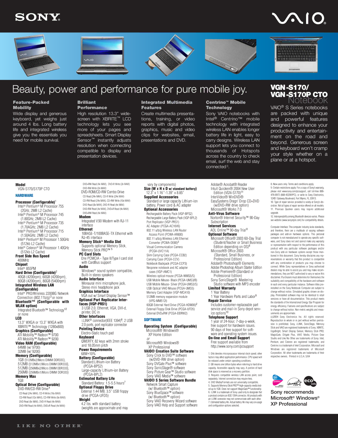 Sony VGN-S170P CTO warranty Feature-Packed Mobility, Brilliant Performance, Integrated Multimedia Features 