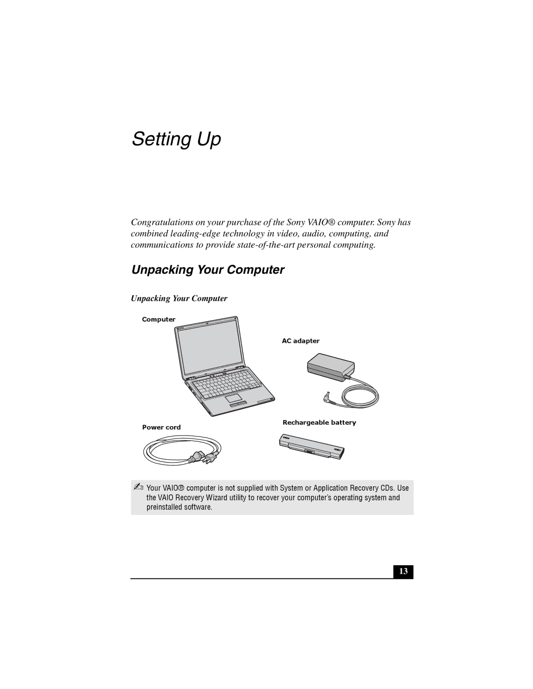 Sony VGN-S380P, VGN-S380B quick start Unpacking Your Computer 