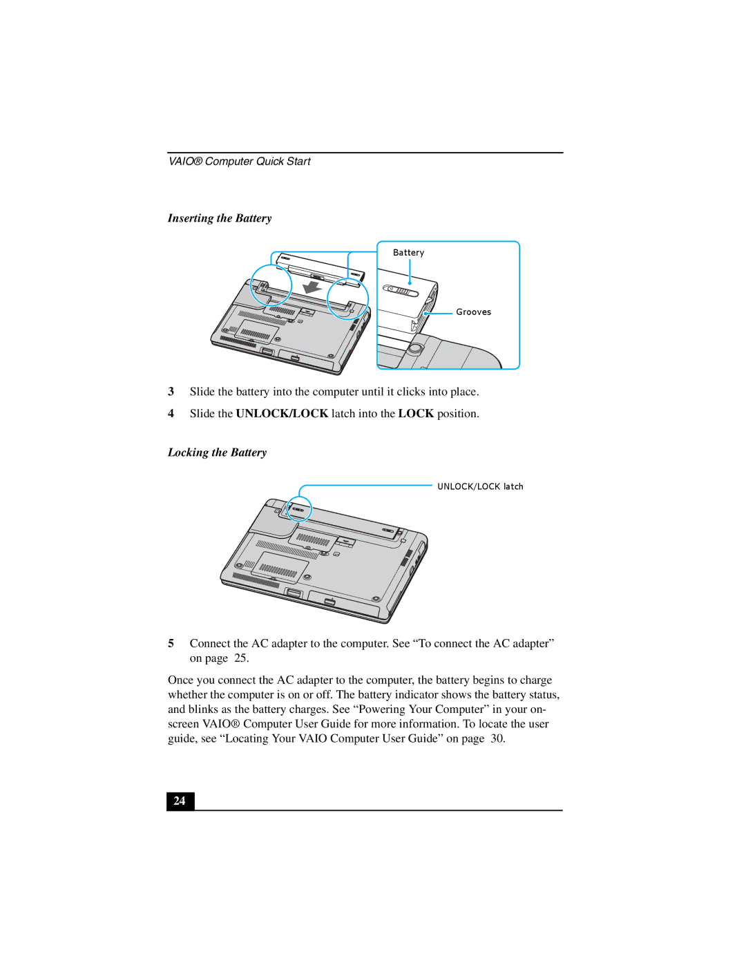 Sony VGN-S380B, VGN-S380P quick start Inserting the Battery, Locking the Battery 