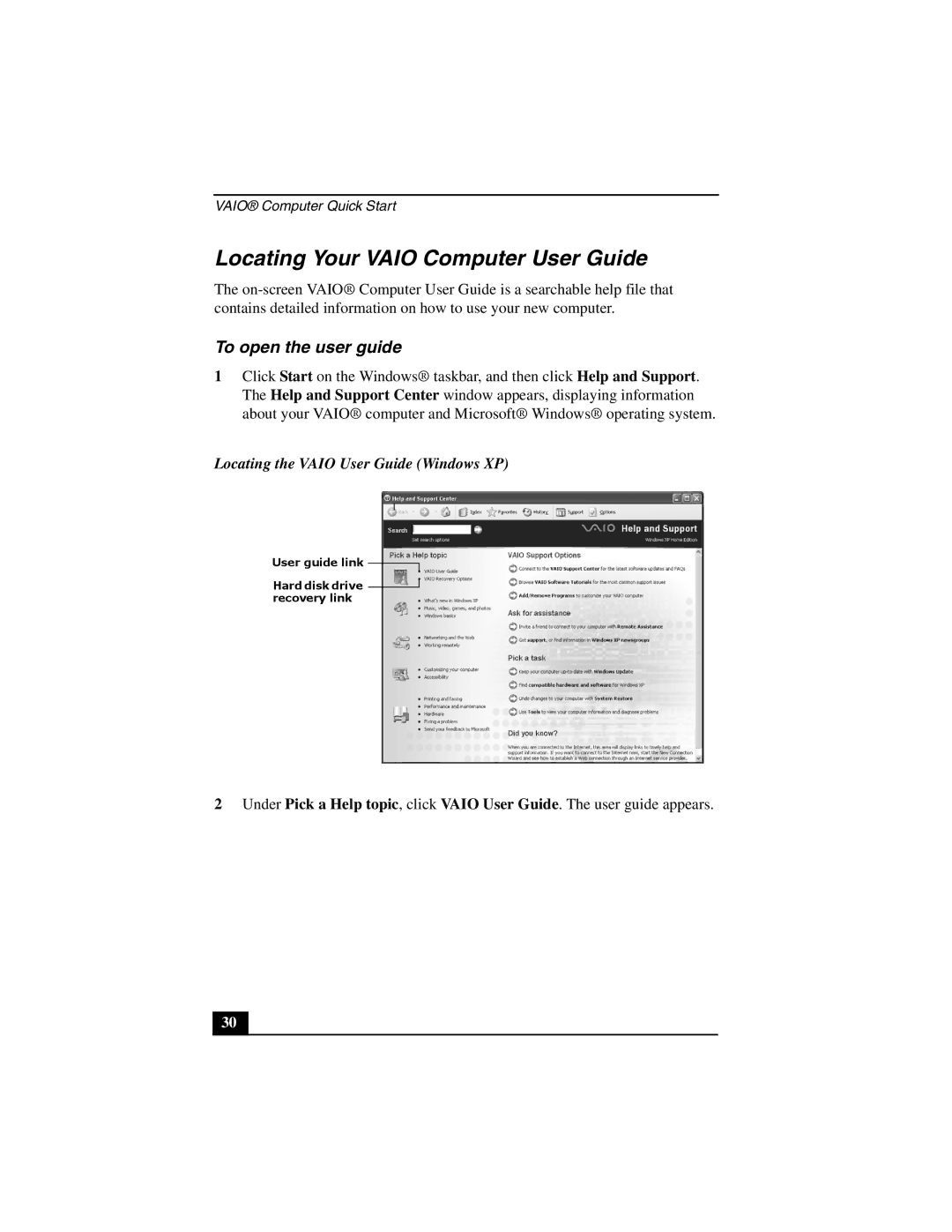 Sony VGN-S380B Locating Your Vaio Computer User Guide, To open the user guide, Locating the Vaio User Guide Windows XP 