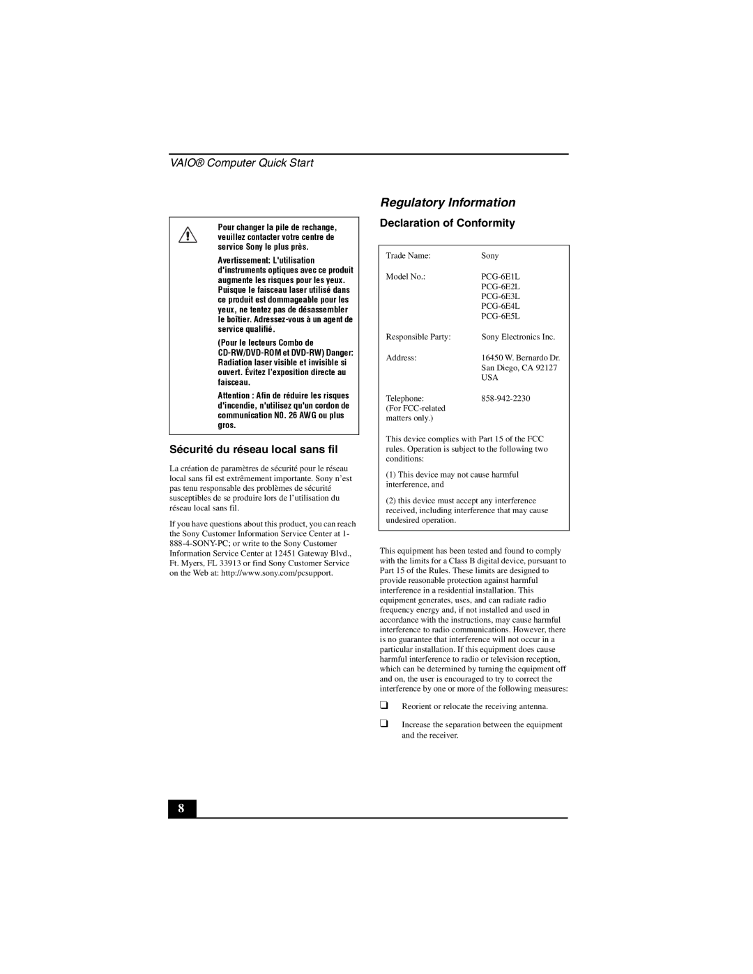 Sony VGN-S380B, VGN-S380P quick start Regulatory Information 