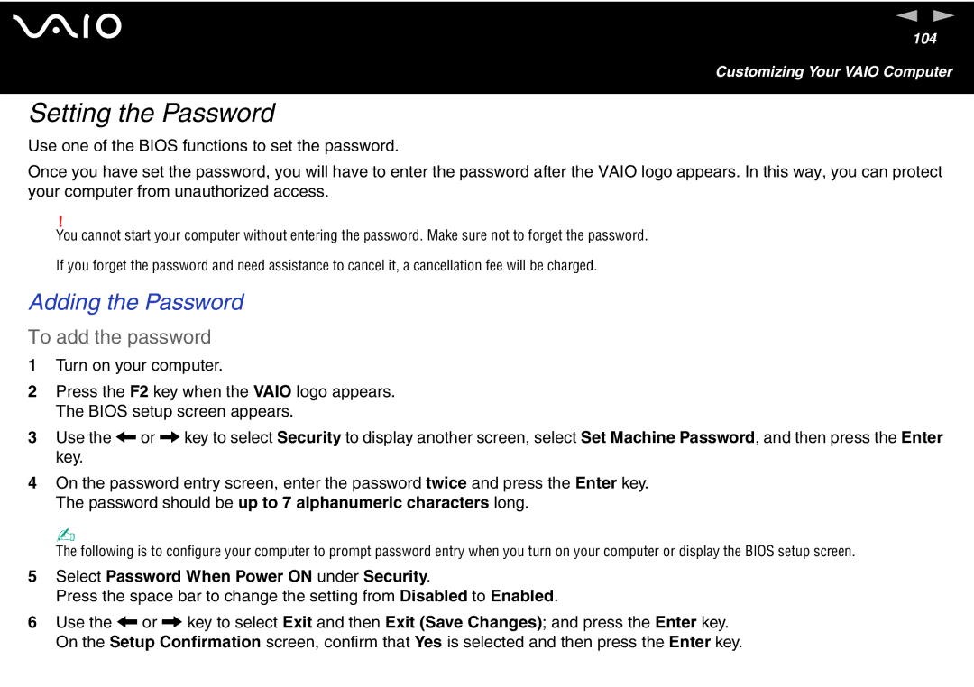 Sony VGN S400 Series, VGN-T300 Series manual Setting the Password, Adding the Password, To add the password 