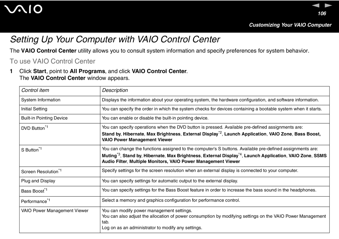 Sony VGN S400 Series, VGN-T300 Series manual Setting Up Your Computer with Vaio Control Center, To use Vaio Control Center 