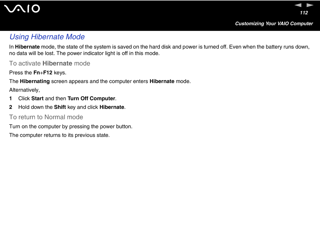 Sony VGN S400 Series manual Using Hibernate Mode, To activate Hibernate mode, Click Start and then Turn Off Computer 