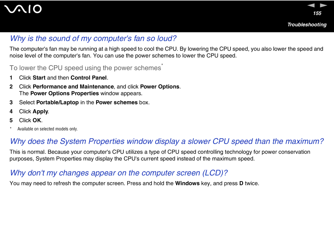 Sony VGN-T300 Series Why is the sound of my computers fan so loud?, Why dont my changes appear on the computer screen LCD? 