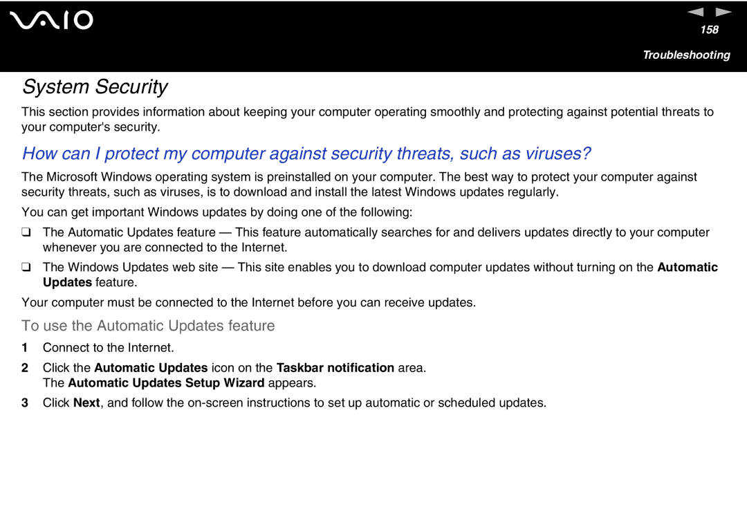 Sony VGN S400 Series, VGN-T300 Series manual System Security, To use the Automatic Updates feature 