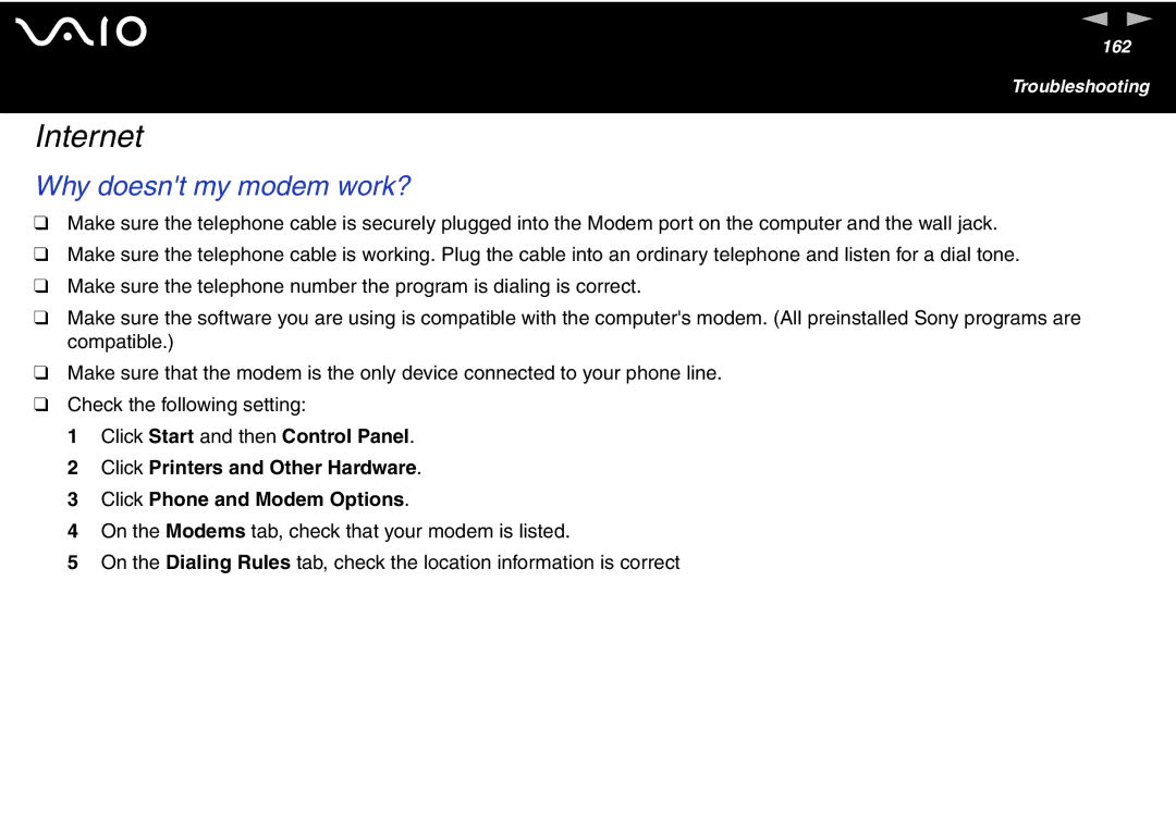 Sony VGN S400 Series, VGN-T300 Series manual Internet, Why doesnt my modem work? 