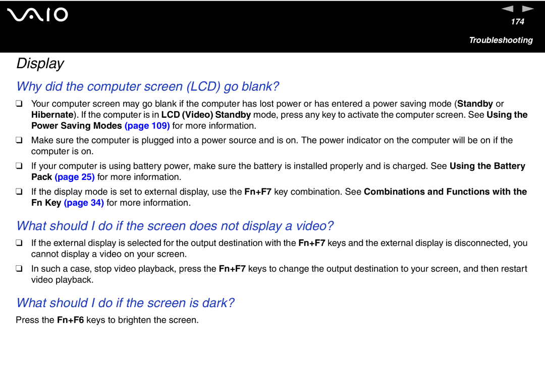 Sony VGN S400 Series manual Display, Why did the computer screen LCD go blank?, What should I do if the screen is dark? 