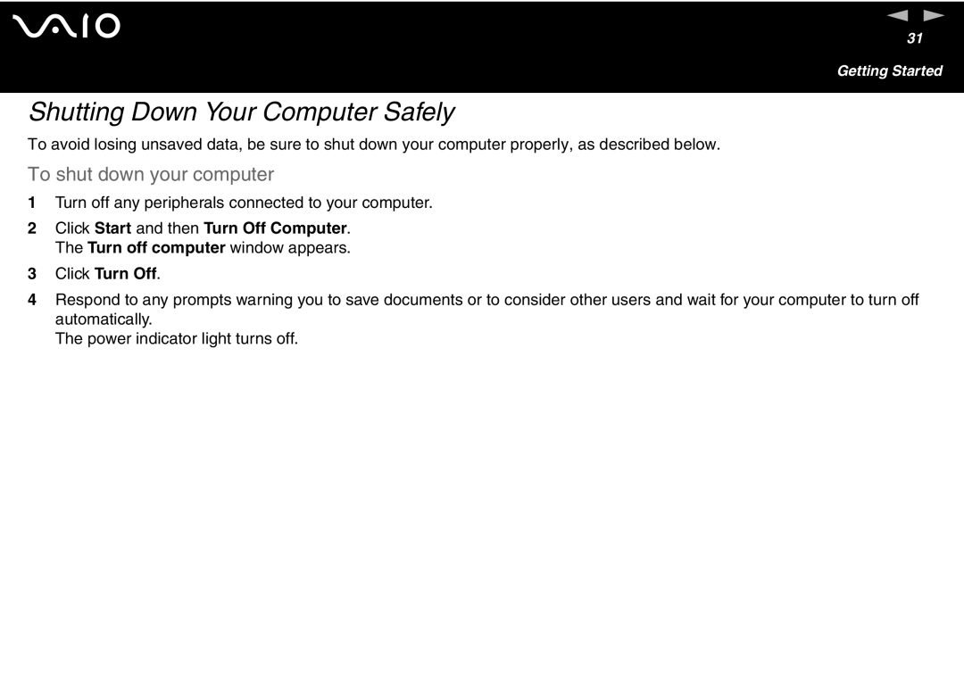 Sony VGN-T300 Series, VGN S400 Series manual Shutting Down Your Computer Safely, To shut down your computer 