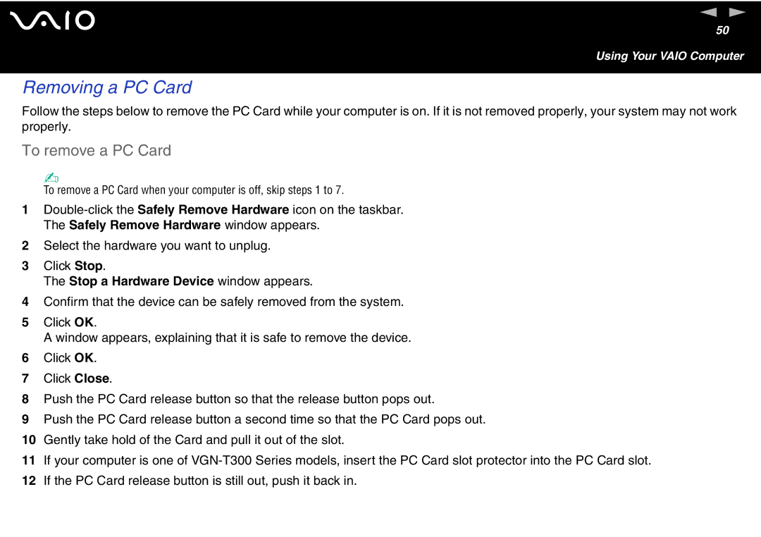 Sony VGN S400 Series, VGN-T300 Series manual Removing a PC Card, To remove a PC Card, Stop a Hardware Device window appears 