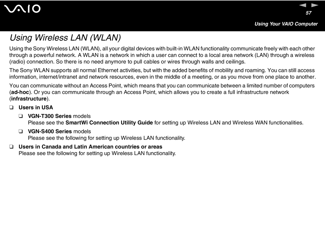 Sony VGN S400 Series manual Using Wireless LAN Wlan, Users in USA VGN-T300 Series models, VGN-S400 Series models 