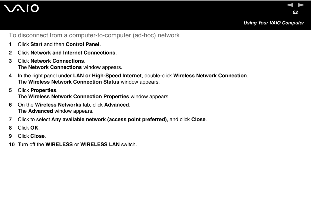 Sony VGN S400 Series, VGN-T300 Series manual To disconnect from a computer-to-computer ad-hoc network 