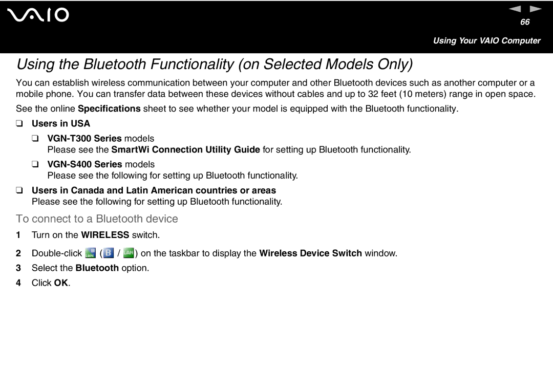 Sony VGN S400 Series manual Using the Bluetooth Functionality on Selected Models Only, To connect to a Bluetooth device 