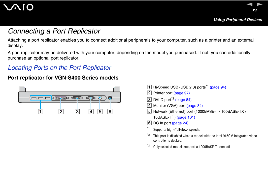 Sony VGN S400 Series, VGN-T300 Series manual Connecting a Port Replicator, Locating Ports on the Port Replicator 