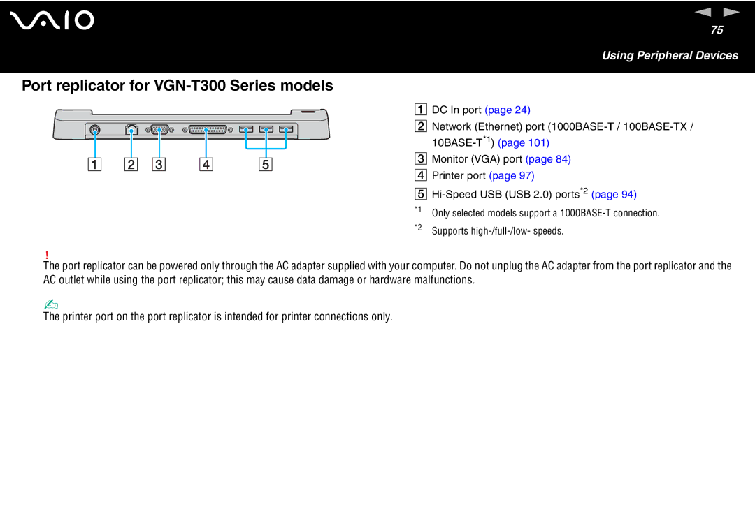 Sony VGN S400 Series manual Port replicator for VGN-T300 Series models 