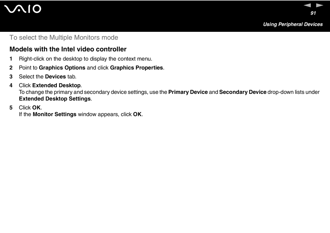 Sony VGN-T300 Series manual To select the Multiple Monitors mode, Point to Graphics Options and click Graphics Properties 