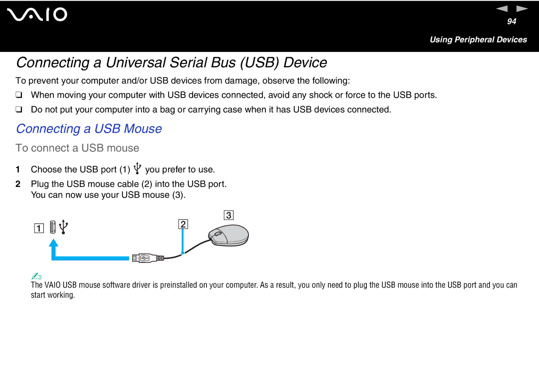 Sony VGN S400 Series manual Connecting a Universal Serial Bus USB Device, Connecting a USB Mouse, To connect a USB mouse 