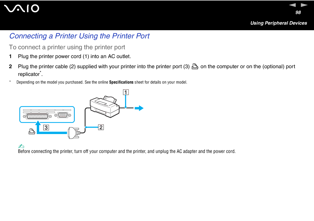 Sony VGN S400 Series manual Connecting a Printer Using the Printer Port, To connect a printer using the printer port 