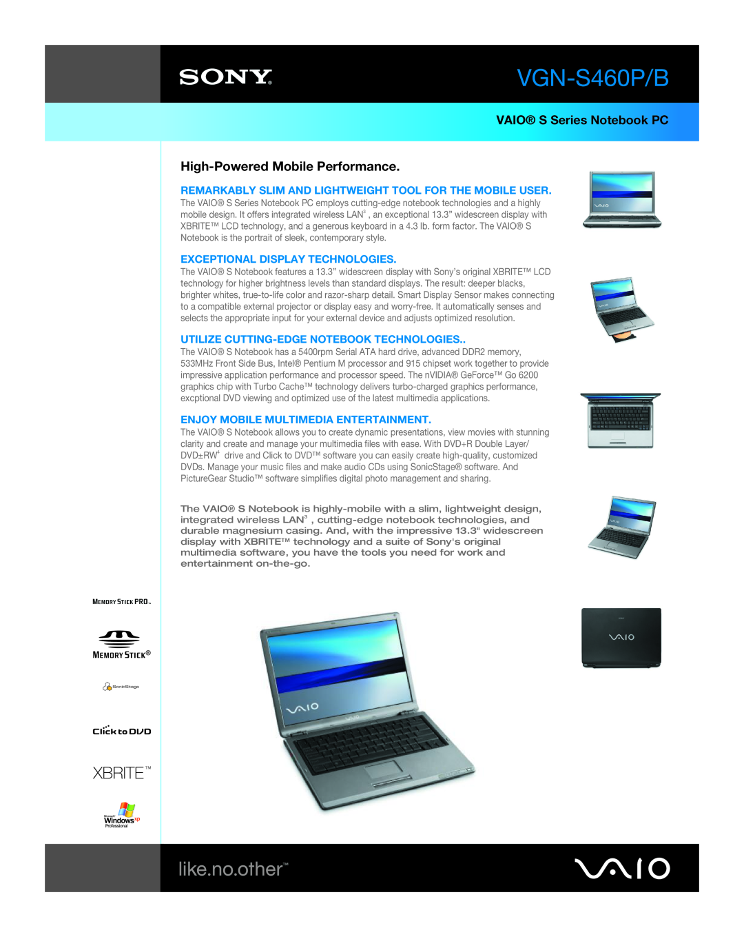 Sony VGN-S460P/B manual VAIO S Series Notebook PC, High-Powered Mobile Performance, Exceptional Display Technologies 