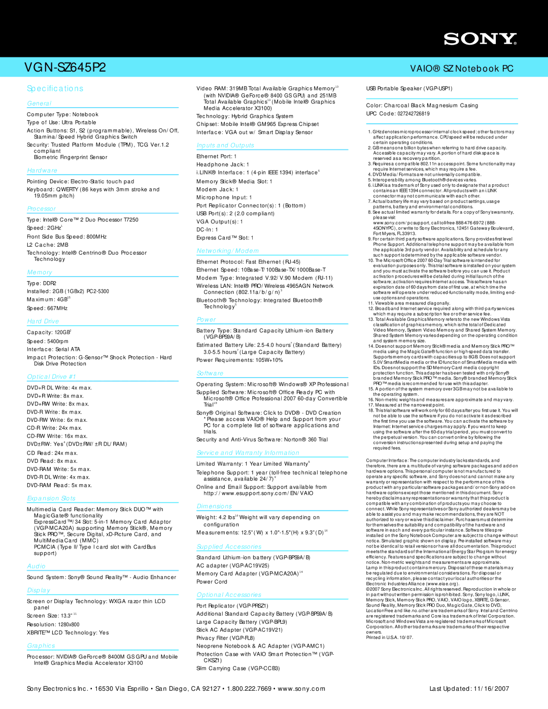 Sony VGN-SZ645P2 manual General, Hardware, Processor, Memory, Hard Drive, Optical Drive #1, Expansion Slots, Audio, Display 