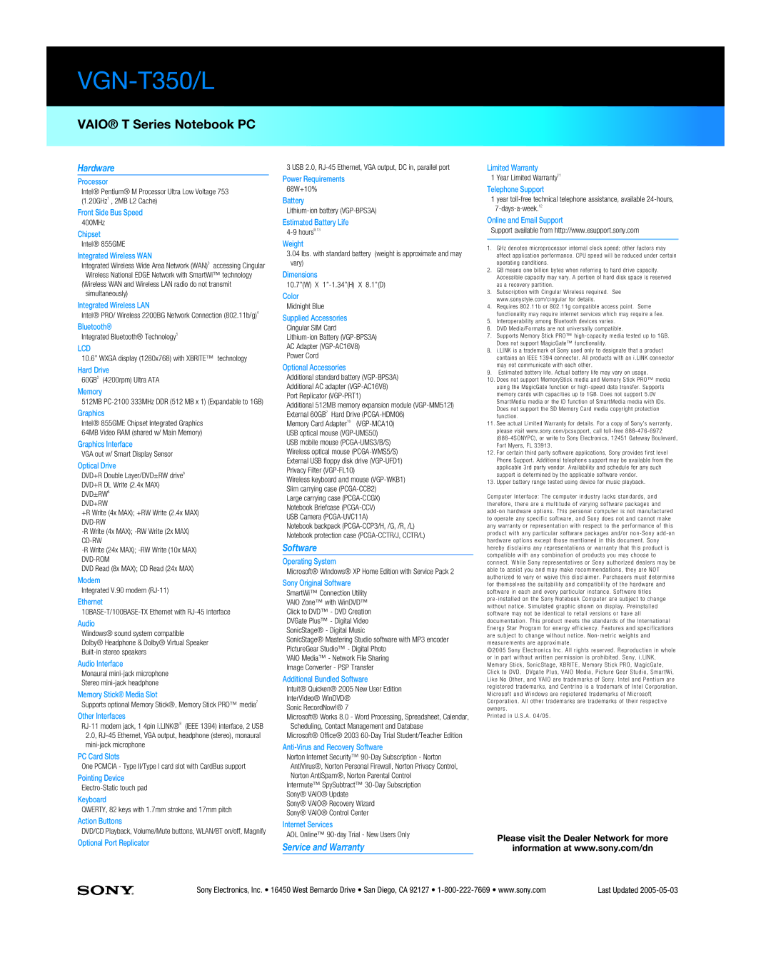 Sony VGN-T350/L manual Hardware, Software, Service and Warranty 