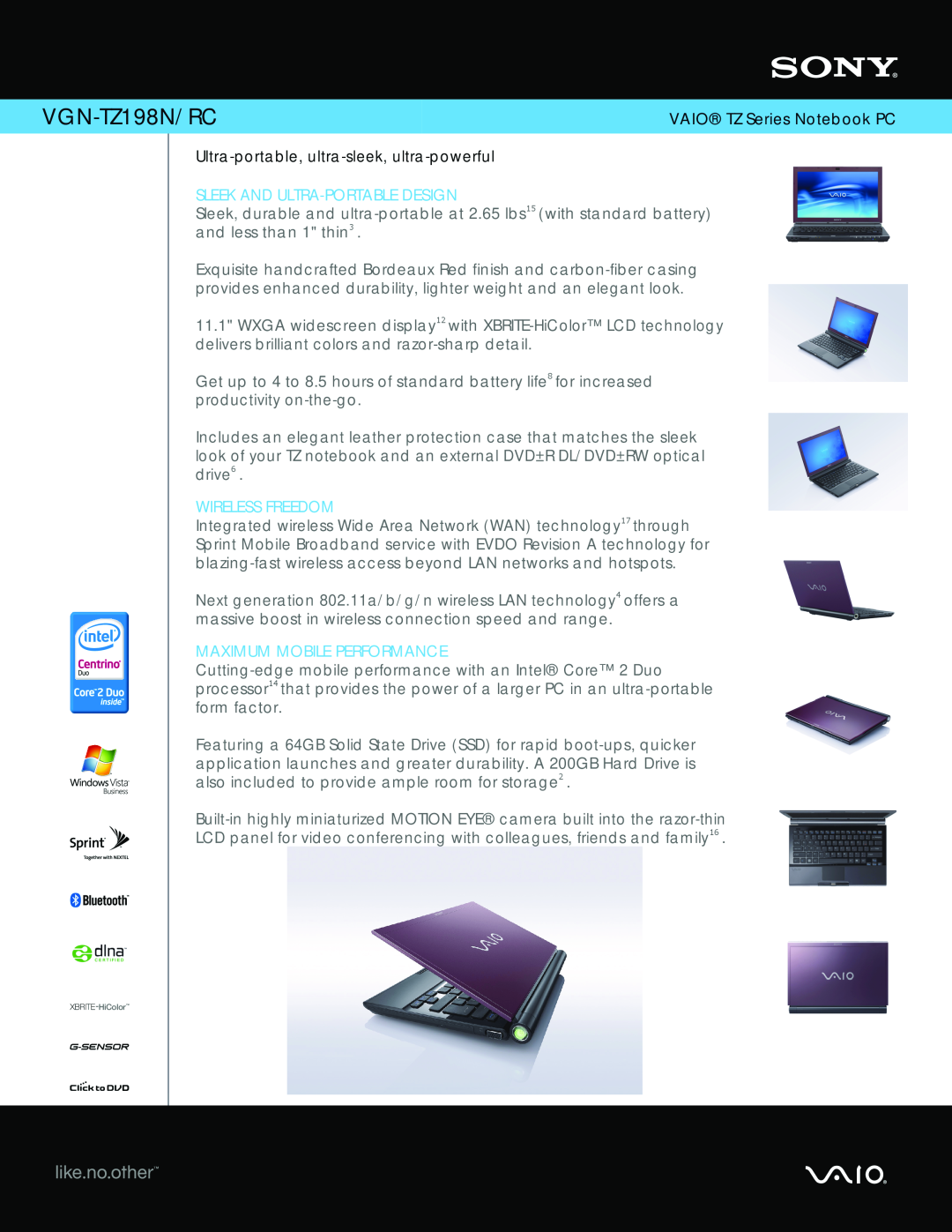 Sony VGN-TZ198N/RC manual VAIO TZ Series Notebook PC, Ultra-portable, ultra-sleek, ultra-powerful, Wireless Freedom 
