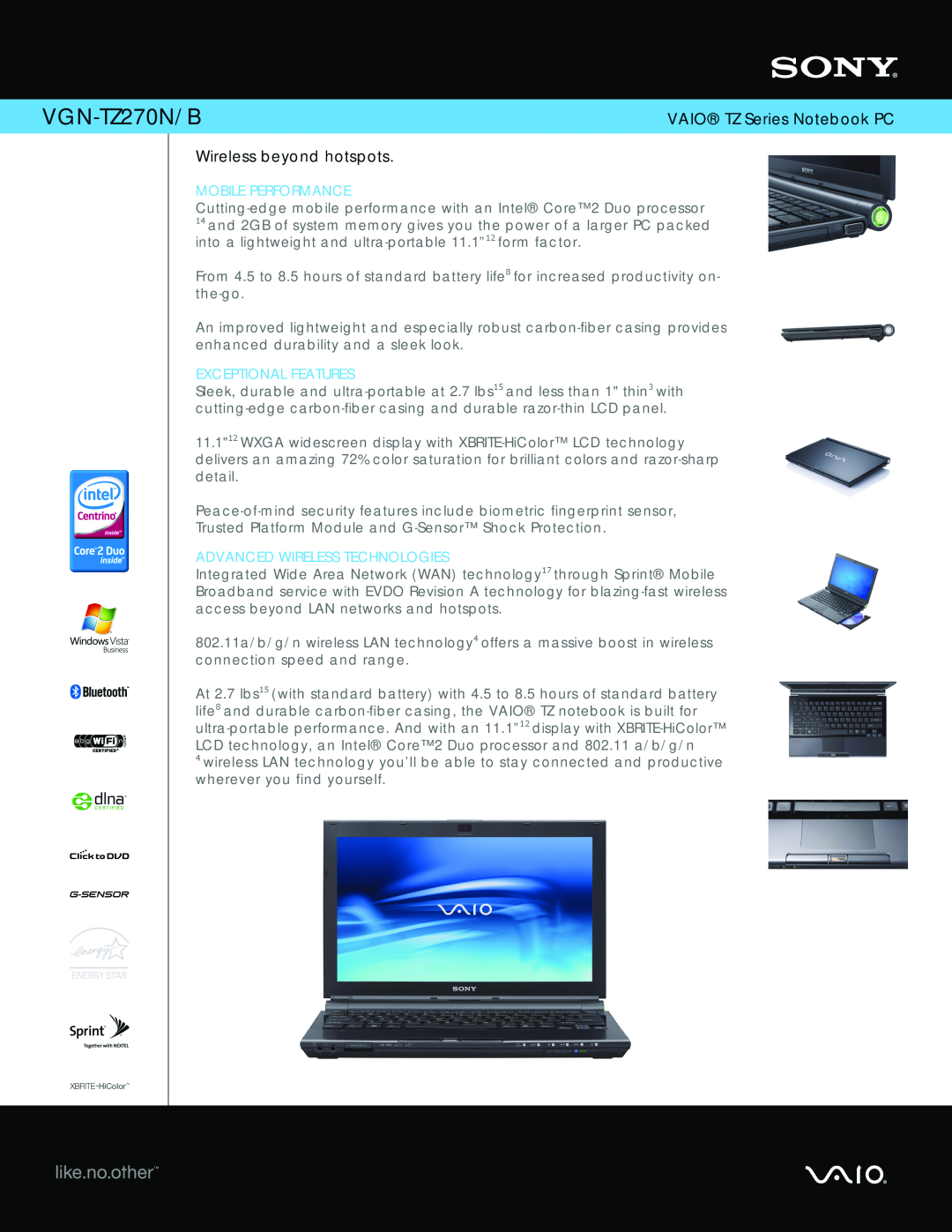 Sony VGN-TZ270N/B manual VAIO TZ Series Notebook PC, Wireless beyond hotspots, Mobile Performance, Exceptional Features 