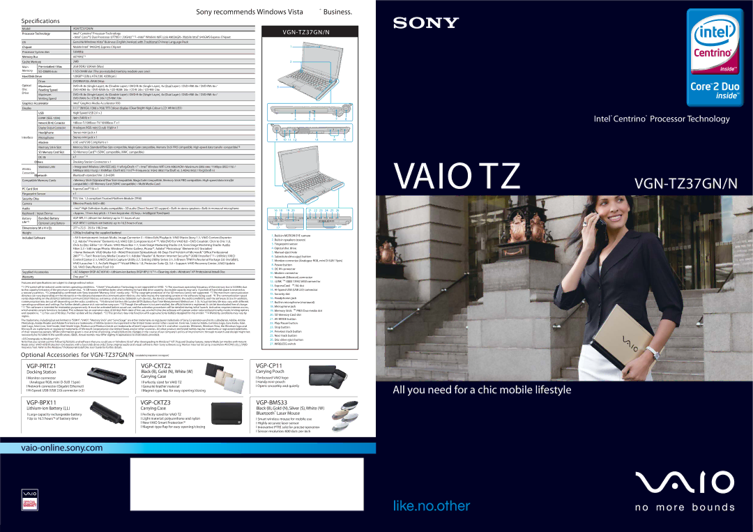 Sony VGN-TZ37GN dimensions Model, Processor Technology, Chipset, Processor System Bus, Cache Memory, Memory SO-DIMM slots 