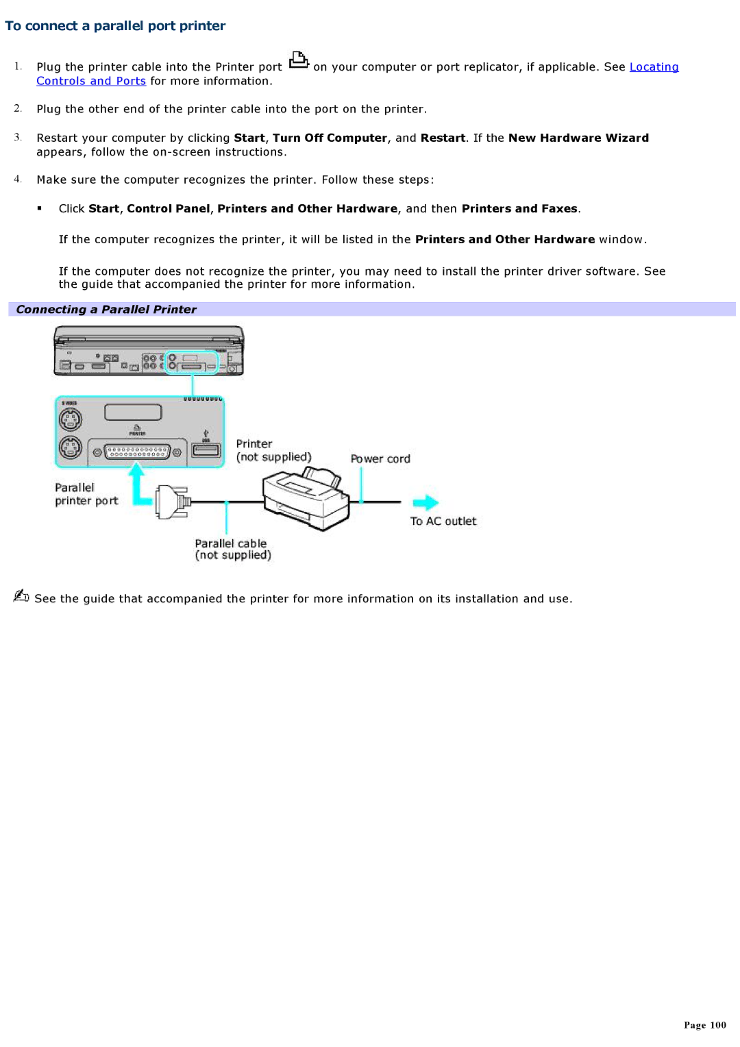 Sony VGNA200 specifications To connect a parallel port printer, Connecting a Parallel Printer 