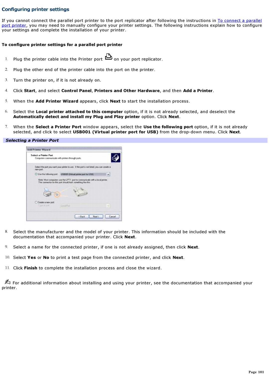 Sony VGNA200 specifications Configuring printer settings, To configure printer settings for a parallel port printer 