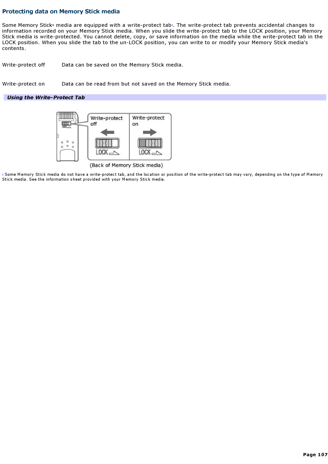 Sony VGNA200 specifications Protecting data on Memory Stick media, Using the Write-Protect Tab 